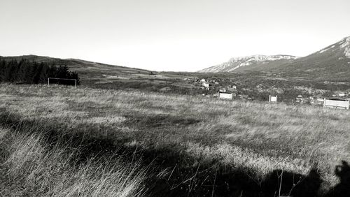 People on agricultural field against clear sky