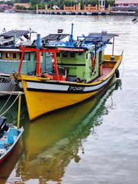 Boats moored in river