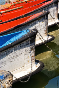 High angle view of fishing boat moored at harbor