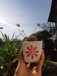 Close-up of hand holding ice cream against plants