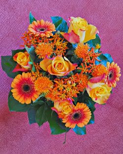 High angle view of multi colored flower bouquet