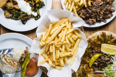 High angle view of meal served on table