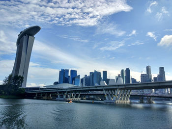 Bridge over river in city against cloudy sky