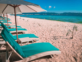 Scenic view of beach by sea against sky