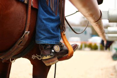 Low section of man riding horse on road