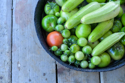 High angle view of fruits in bowl on table