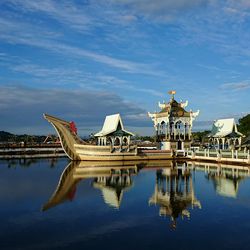 Reflection of temple building in lake