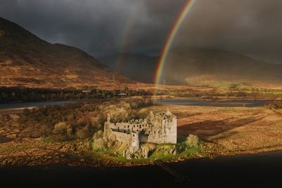 Scenic view of rainbow over lake against sky