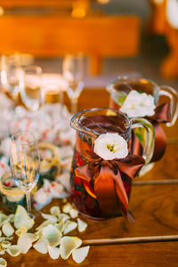 Close-up of wine served on table