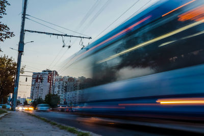 High angle view of light trails on road