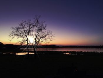 Silhouette bare tree by lake against sky during sunset