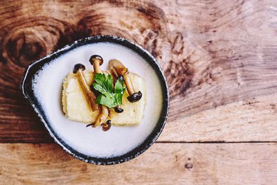 High angle view of food in bowl on table