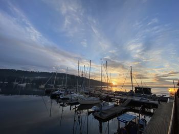 Sailboats moored in harbor at sunset