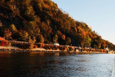 Scenic view of river by trees against sky during autumn