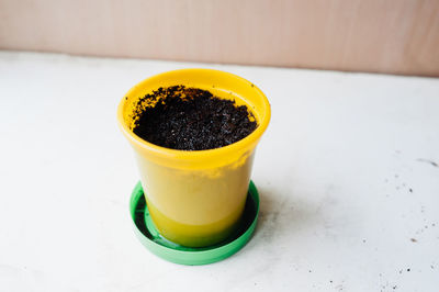 High angle view of drink on table