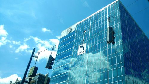 Low angle view of modern building against sky