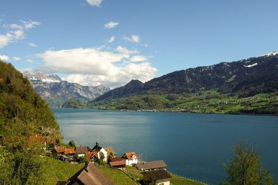 Scenic view of lake and mountains against sky