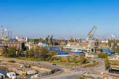 High angle view of cityscape against clear sky