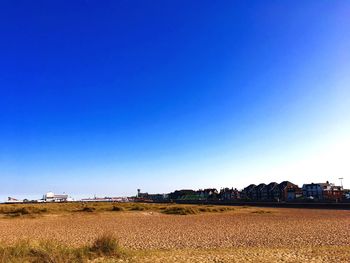 Scenic view of field against clear blue sky