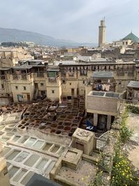 High angle view of tanneries in city of fez