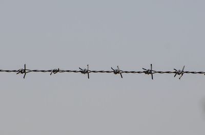 Low angle view of barbed wire against clear sky