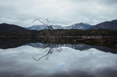 Scenic view of lake and mountains against sky