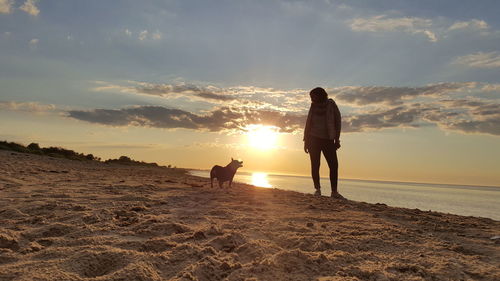 Man and dog on beach against sky during sunset