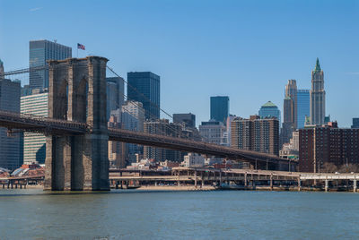 City skyline by river against clear sky