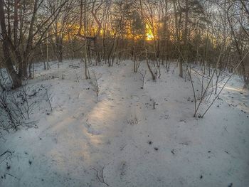 Snow covered landscape at sunset