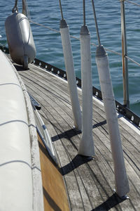 High angle view of wooden sailboat sailing on pier by sea , bodensee