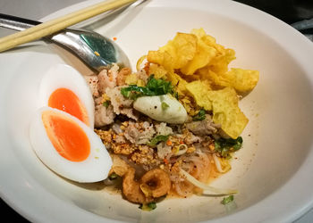 High angle view of breakfast served in plate