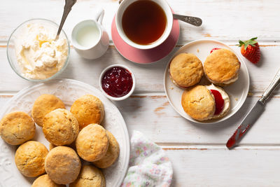 High angle view of breakfast on table