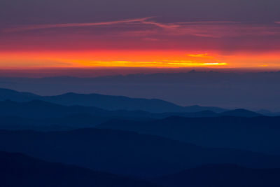 Scenic view of silhouette mountains against sky during sunset