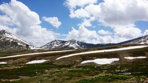 Scenic view of snowcapped mountains against sky