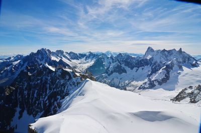 Scenic view of snow covered mountains against sky
