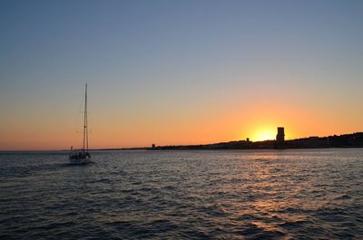 Scenic view of sea against clear sky during sunset