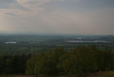 High angle view of trees on landscape against sky