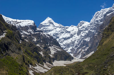 Scenic view of snowcapped mountains against clear blue sky