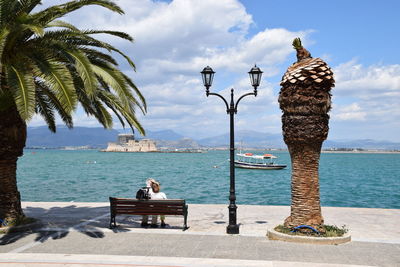 Rear view of people sitting on bench at sea shore by palm trees