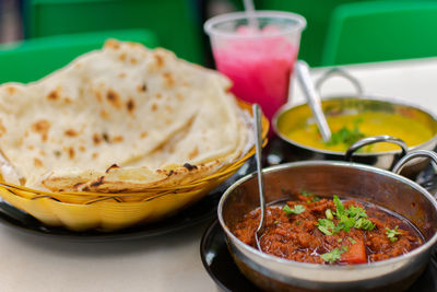 Close-up of food served on table