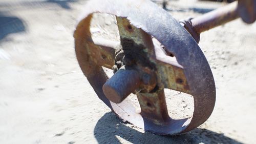 Close-up of human hand holding rusty metal