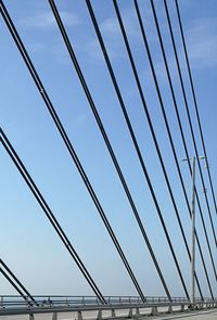 Low angle view of suspension bridge against sky