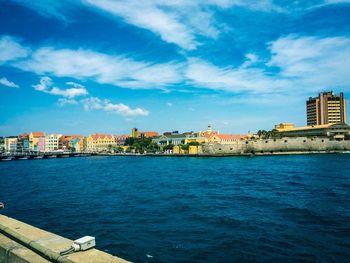 Sea by buildings against blue sky
