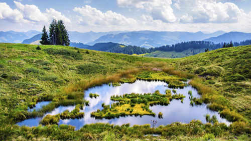 Scenic view of lake and mountains against sky