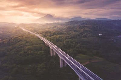 High angle view of bridge against sky during sunset