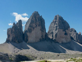 Panoramic view of rocky mountains against sky, the three peaks dolomities,, tre cime di lavaredo