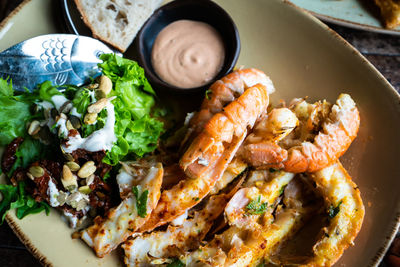 High angle view of seafood in plate on table