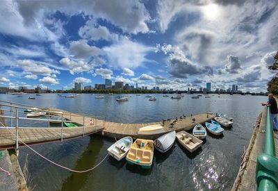 Panoramic view of boats moored in harbor