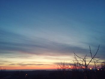 Silhouette of bare tree against sunset sky