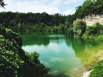 Scenic view of lake by trees against sky